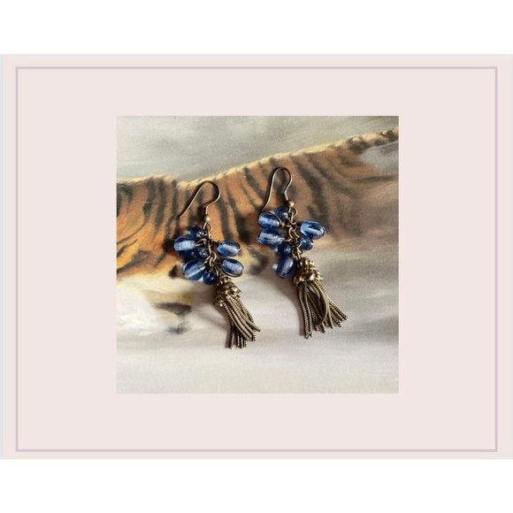 Vintage Blue Stone Antique Brass Chandelier Dangle Earrings - Picture 2 of 4